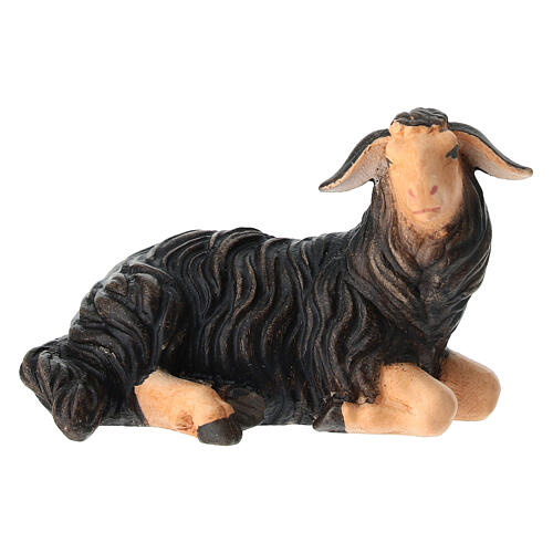 Mouton noir couché bois peint crèche Rainell Val Gardena 11 cm 1