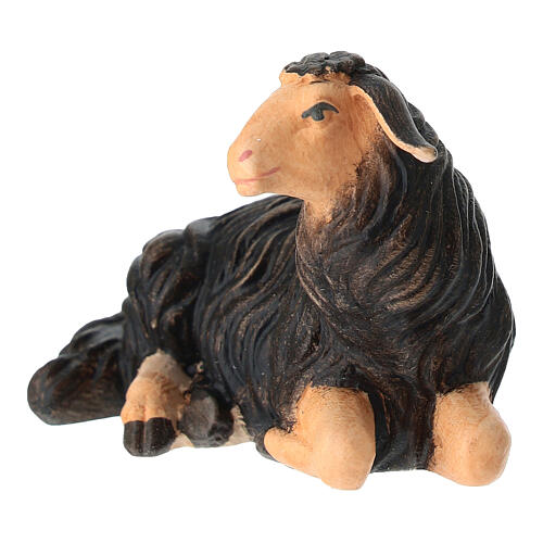 Pecora nera sdraiata legno dipinto Val Gardena presepe Rainell 11 cm 2