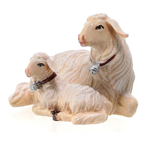 Mouton et agneau couchés bois peint crèche Rainell Val Gardena 9 cm 2
