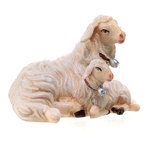 Mouton et agneau couchés bois peint crèche Rainell Val Gardena 9 cm 3