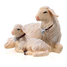 White sheep and lamb lying, 9 cm nativity Rainell, in painted Val Gardena wood