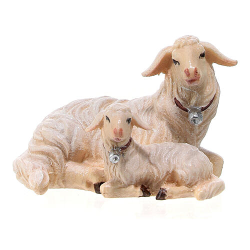 White sheep and lamb lying, 9 cm nativity Rainell, in painted Val Gardena wood 1