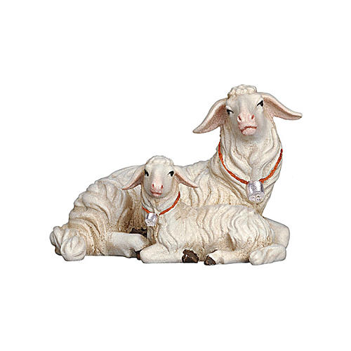 Mouton et agneau couchés bois peint crèche Rainell Val Gardena 11 cm 1