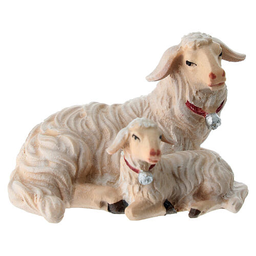 Mouton et agneau couchés bois peint crèche Rainell Val Gardena 11 cm 1