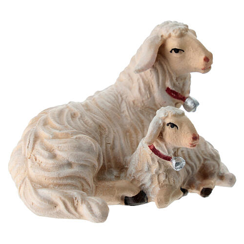 Mouton et agneau couchés bois peint crèche Rainell Val Gardena 11 cm 3