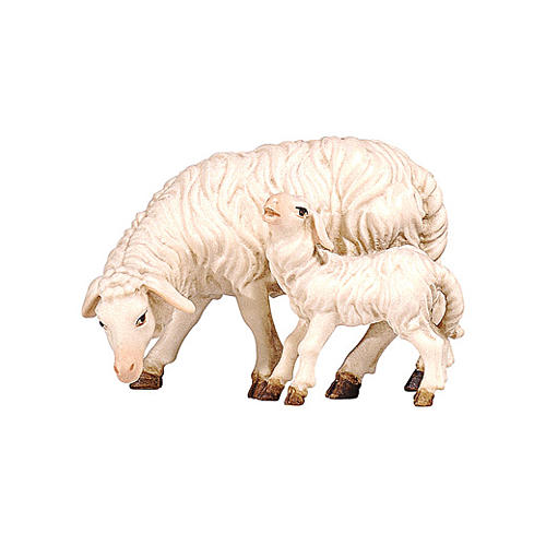 Mouton qui mange avec agneau bois peint crèche Rainell Val Gardena 9 cm 1