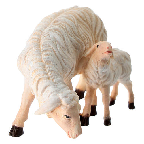 Mouton qui mange avec agneau bois peint crèche Rainell Val Gardena 11 cm 2