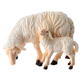 Pecora mangia con agnello legno dipinto Val Gardena presepe Rainell 11 cm