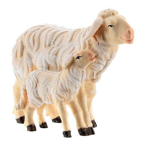 Standing sheep and lamb in painted wood from Val Gardena for Rainell Nativity Scene 9 cm 2