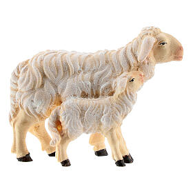 White sheep and lamb standing, 9 cm nativity Rainell, in painted Valgardena wood
