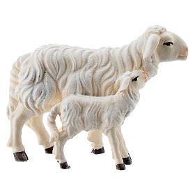 Sheep and lamb standing, 11 cm nativity Rainell, in painted Val Gardena wood