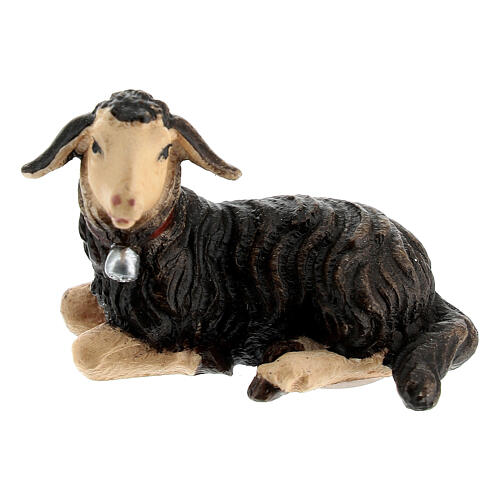 Agnello nero sdraiato legno dipinto Val Gardena presepe Rainell 11 cm 1