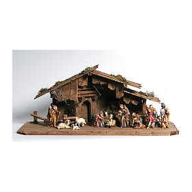 Presépio Completo com Cabana Noite Santa Modelo "Rainell" Madeira Pintada, 12 figuras de altura média 11 cm