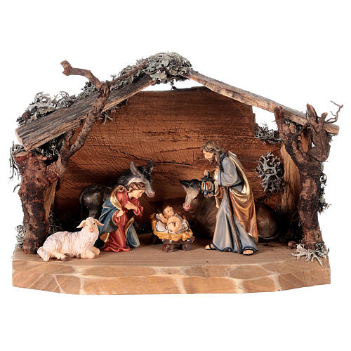 Full nativity set 6 pcs bark stable, painted wood 9 cm Rainell nativity 1