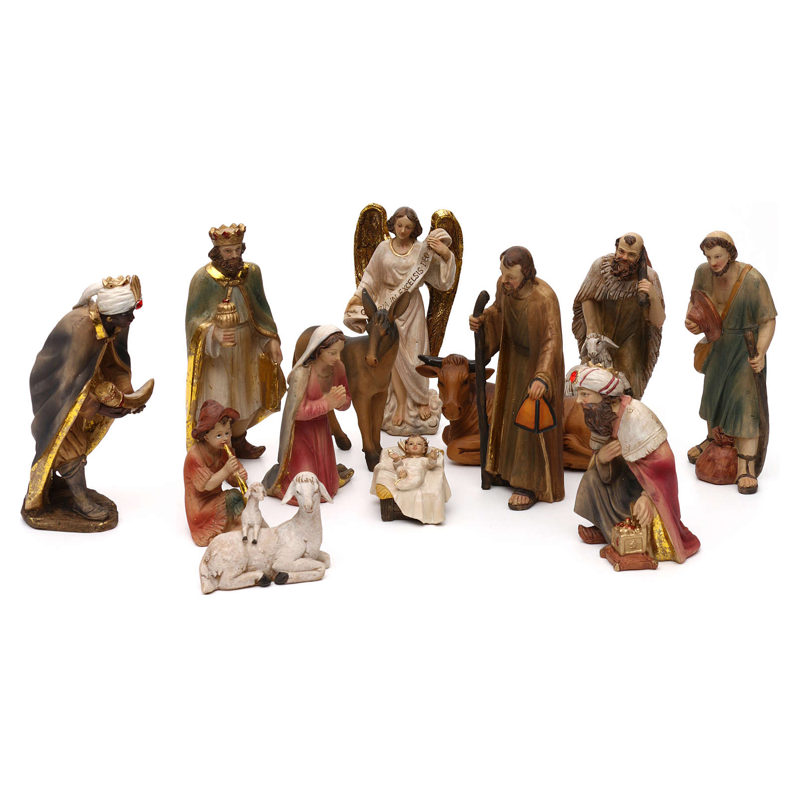 Nativity Scene Set With Musician In Colored Resin 20 Cm Online