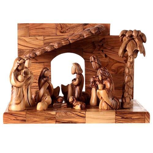 Nativity scene with cave in Bethlehem olive wood, star and palm tree 20x30x15 cm 1