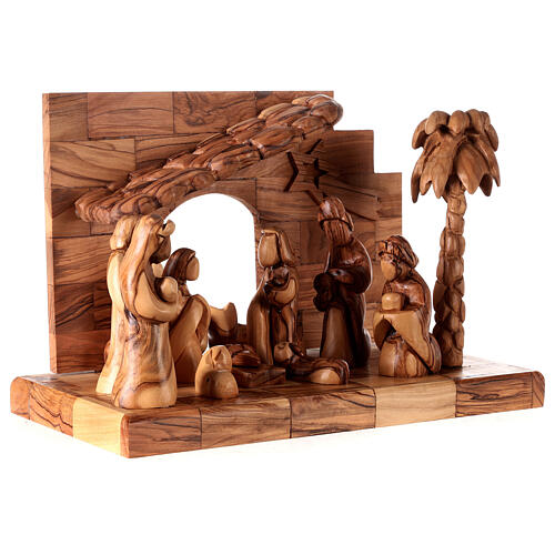 Nativity scene with cave in Bethlehem olive wood, star and palm tree 20x30x15 cm 3