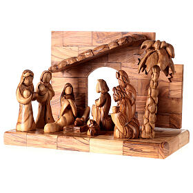 Nativity scene in olive wood from Bethlehem with stable and palm tree 15 cm