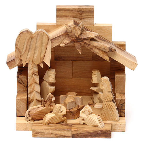 Geburt Christi in einem Stall, aus Olivenholz in Bethlehem gefertigt, 10x15x10 cm 1