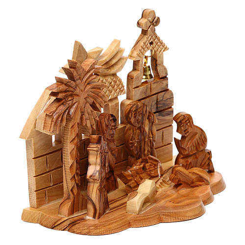 Olive wood stylized Nativity Scene with church from Bethlehem 10x15x10 cm 3