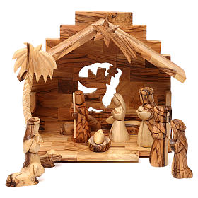 Geburt Christi in einem Stall, mit Komet und Palme, aus Olivenholz in Bethlehem gefertigt, 20x20x15 cm
