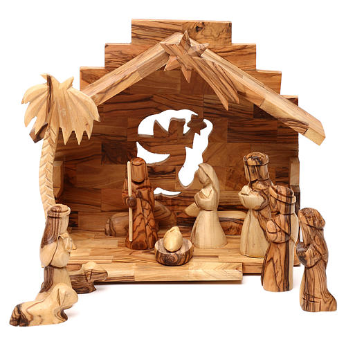 Geburt Christi in einem Stall, mit Komet und Palme, aus Olivenholz in Bethlehem gefertigt, 20x20x15 cm 1