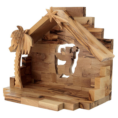 Cabane avec crèche en olivier de Bethléem avec palmier et comète 20x20x15 cm 9