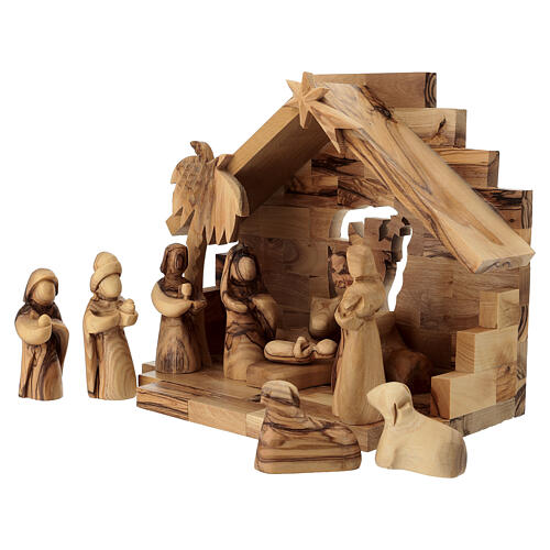 Cabana com presépio em oliveira de Belém com palmeira e cometa 20x20x15 cm 3