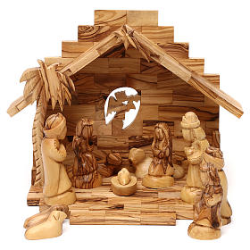 Geburt Christi in einem Stall, aus Olivenholz in Bethlehem gefertigt, 20x30x20 cm