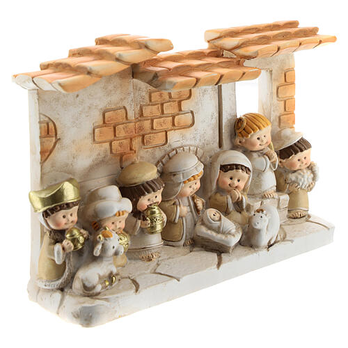 Nativity set with farmhouse stable in resin 10 pcs, 15x10 cm kids line 3