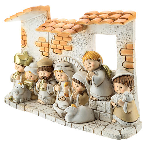 Krippenhäuschen aus Harz mit 10 Figuren für Kinder, 10x15 cm 2