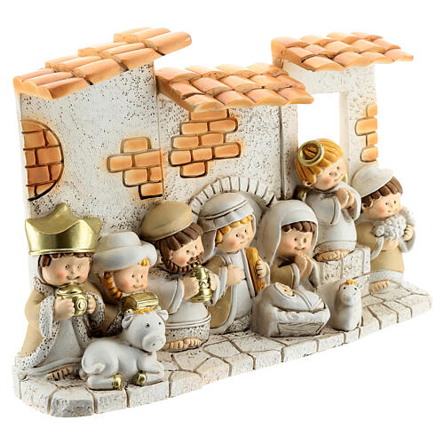 Krippenhäuschen aus Harz mit 10 Figuren für Kinder, 10x15 cm 3