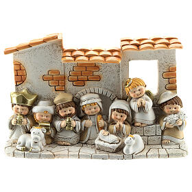 Kids nativity set in resin 10 pcs, 10x15 cm with farmhouse