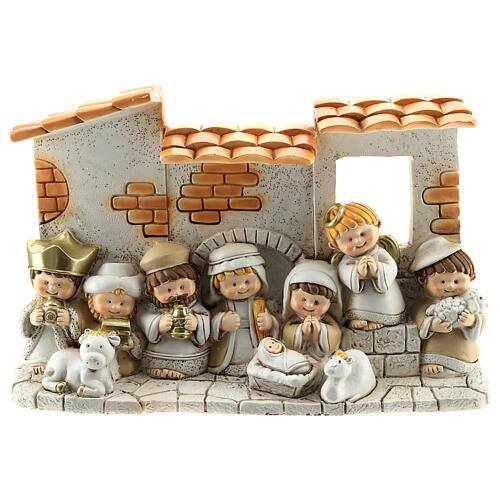Kids nativity set in resin 10 pcs, 10x15 cm with farmhouse 1