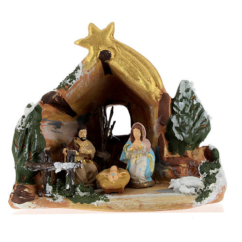 Nativity scene with painted shack and star in Deruta terracotta 1