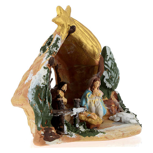 Nativity scene with painted shack and star in Deruta terracotta 4