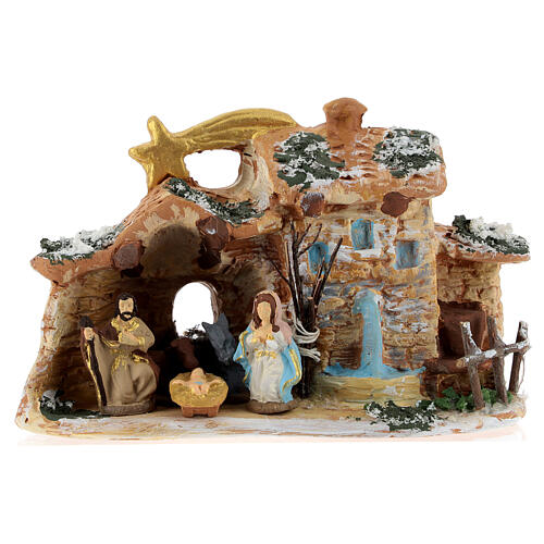 Stable in colored terracotta with nativity set 4 cm, Deruta 5 pcs and comet 1