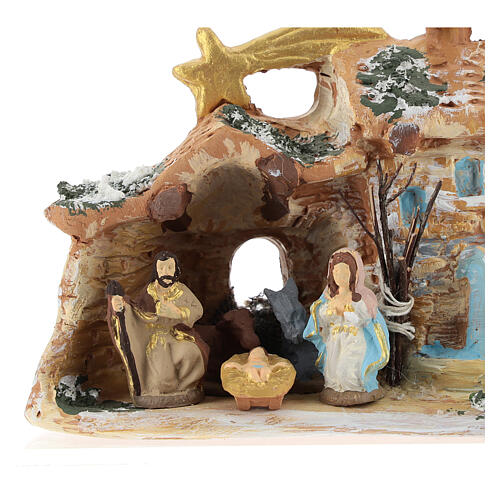 Stable in colored terracotta with nativity set 4 cm, Deruta 5 pcs and comet 2