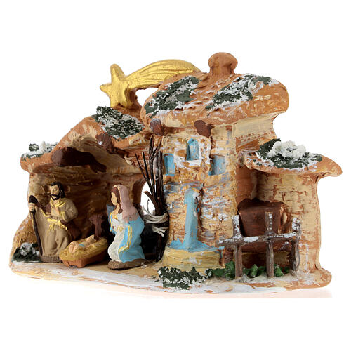 Stable in colored terracotta with nativity set 4 cm, Deruta 5 pcs and comet 3