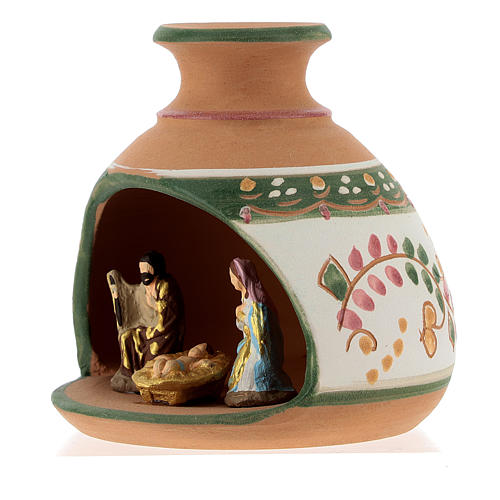 Nativity with shack and star in Deruta terracotta with red and green decoration 3