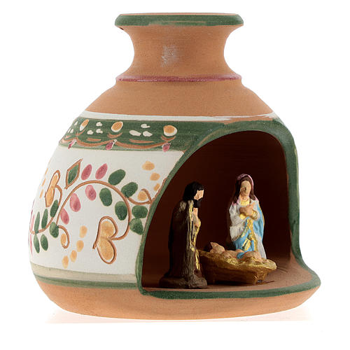 Nativity with shack and star in Deruta terracotta with red and green decoration 4
