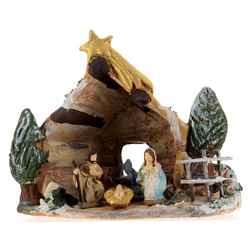 Deruta stable in colored terracotta with 4 cm Nativity set 5 pcs and comet 1