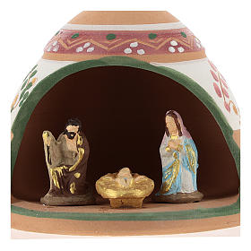 Nativity with shack in Deruta terracotta with pink and green decoration 10x10x10 cm