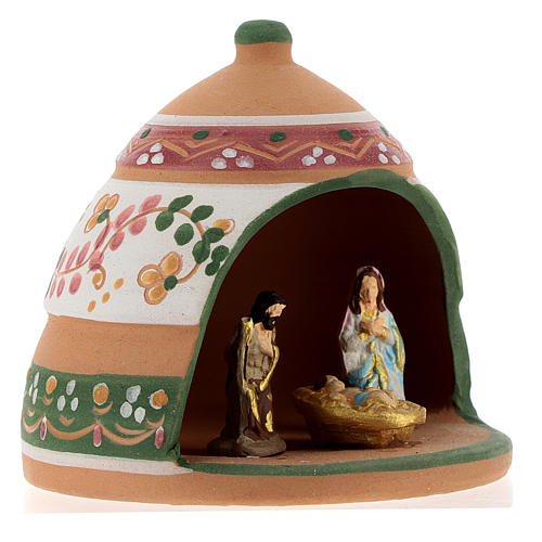 Nativity with shack in Deruta terracotta with pink and green decoration 10x10x10 cm 4