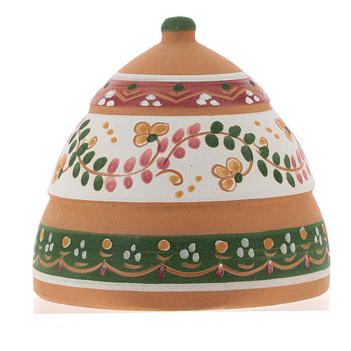 Nativity with shack in Deruta terracotta with pink and green decoration 10x10x10 cm 5