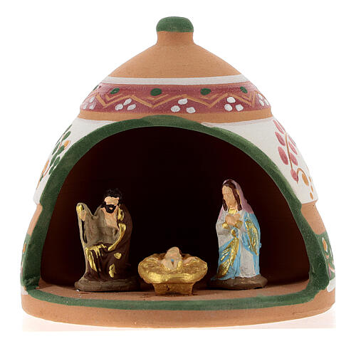 Ceramic stable with colored nativity set 3 cm, pink green 10x10x10 cm Deruta 1