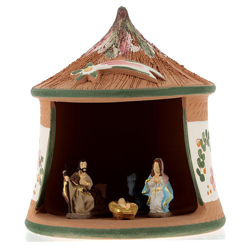 Nativity with shack in Deruta terracotta with green decoration 15x10x10 cm 1