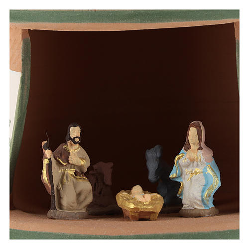 Nativity with shack in Deruta terracotta with green decoration 15x10x10 cm 2