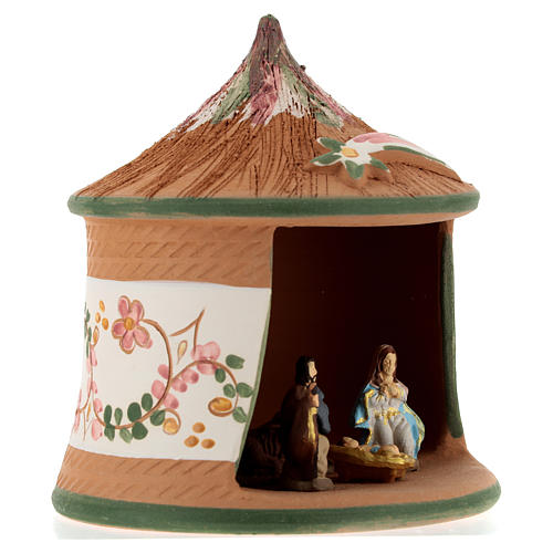 Nativity with shack in Deruta terracotta with green decoration 15x10x10 cm 4