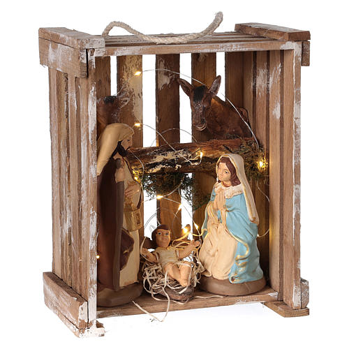 Nativity scene in Deruta terracotta in wood box with moss and lights 20 cm 4